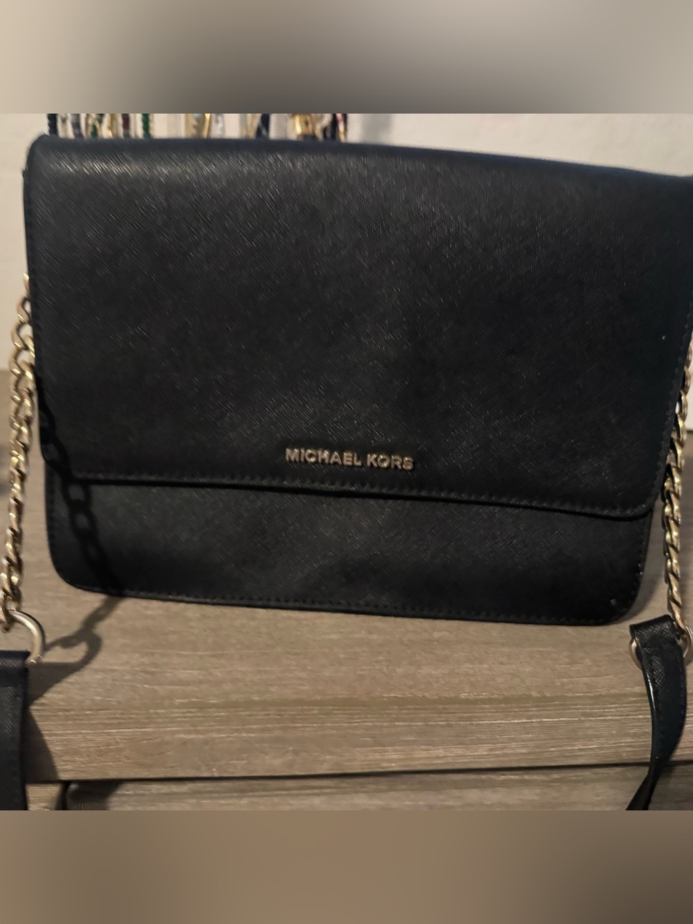 Michael Kors Black Leather Crossbody with Gold Chain